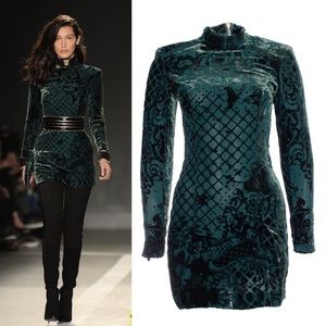 Balmain x H&M Green Velvet Dress Mini Mock Neck Cocktail size 4